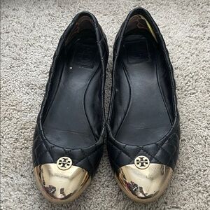 Tory Burch Black Quilted Flats with Gold Toe